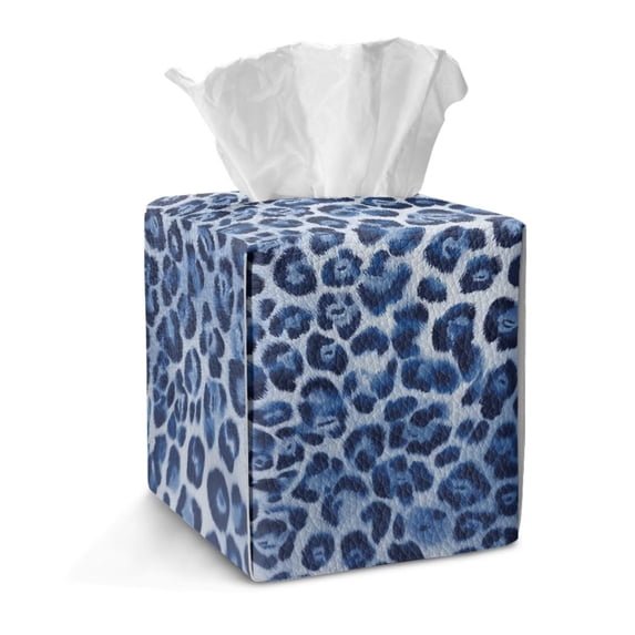 FKELYI Blue Leopard Print Tissue Box Cover PU Leather Tissue Holder Squared Facial Paper Organizer Holder for Home Bedroom Living Room Tabletop Decor