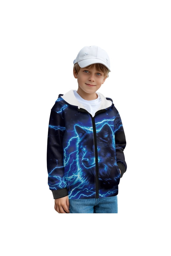 Blue Lightning Wolf Print Zip Up Hoodies for Kids Fall Sweatshirt Jacket with Side Pockets Winter Activewear Top Cosy Hooded Clothes for Boys Girls, S