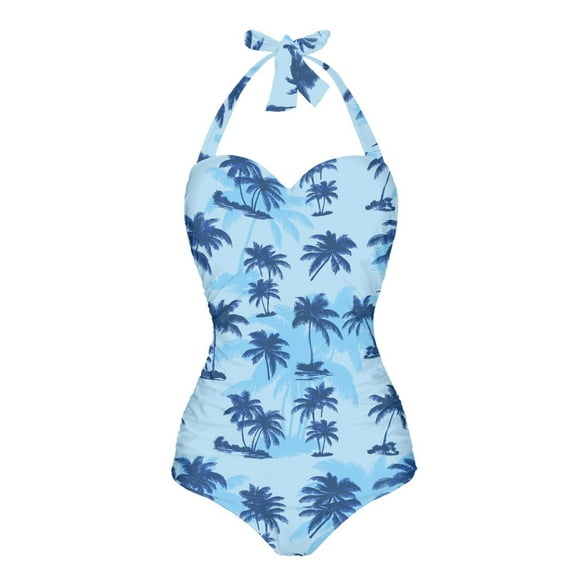 FKELYI Blue Palm Tree Print One Piece Swimsuit Women's V Neck Swimwear with Soft Pads Tummy Control Bathing Suit Summer Beachwear for Lady Swimming Surfing, S