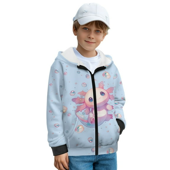 FKELYI Blue Pink Axolotl Bulb Print Zip-Up Front Hoodie Kids Long Sleeve Sweatshirt Jacket for Boys Girls Cosy Fall Winter Clothes with Pockets 7-14 Years, XL