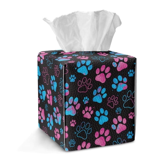 FKELYI Blue Pink Dog Paw Print Tissue Box Cover Snap Button Design Tissue Box Holder Facial Paper Organizer Holder PU Leather Home Bathroom Office Decor