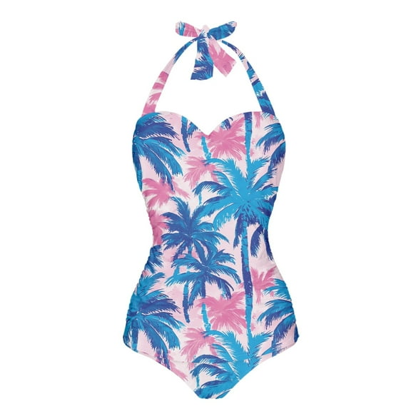 FKELYI Blue Pink Palm Leaf Print Women's Swimwear One Piece Swimsuit with Soft Pad Halter Monokini Tummy Control Bathing Suits V Neck Beachwear for Ladies Summer Swimming, M