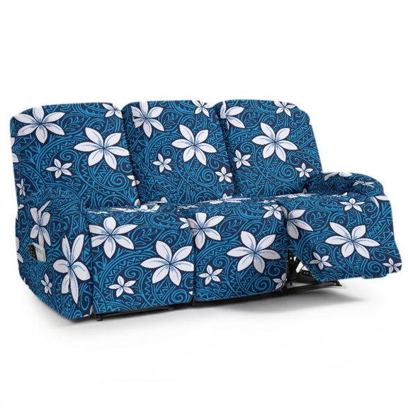 FKELYI Blue Polynesian Flower Print Stretch Recliner Chair Slipcovers 8 Pcs Set Recliner Sofa Couch Protective Covers Anti-Dust Non-Slip Reclining Couch Slipcover