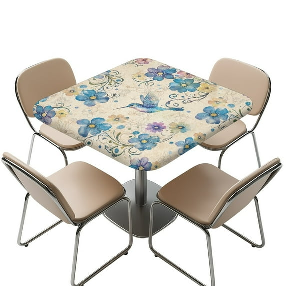 FKELYI Blue Retro Floral Hummingbird Print Square Fitted Table Cover Tablecloth with Elastic Edge Card Tables Top Cover Kitchen Accessories Home Decoration, 36x36 inch