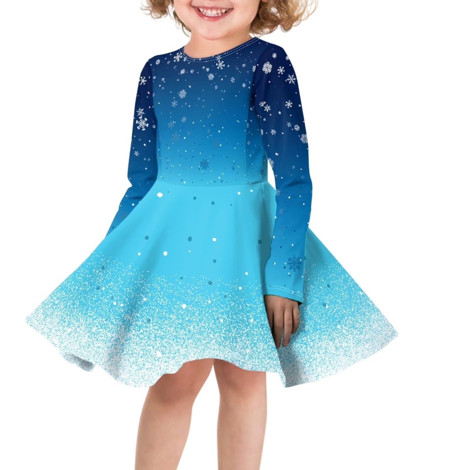 Fkelyi Blue Snowflake Long Sleeve Dresses Size 3-4 Y Comfortable Kids Twirly Skater Dress Casual Swing Skater Midi Dress,Christmas Gift, Girl's, Size: