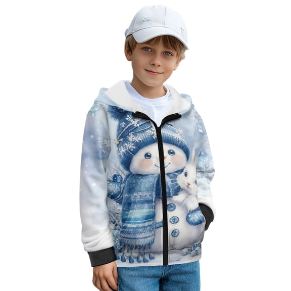 FKELYI Blue Snowman Rabbit Snowflake Print Hooded Sweatshirt for Kids Fleece Lining Hoodies with Pockets Boys Girls Fall Winter Top Jacket Zip Up Cloth, S