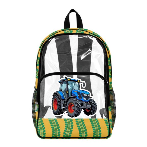 FKELYI Blue Tractor Print 17 Inch Clear Backpack for Boys & Girls, Kids Backpack See Through Schoolbag Spacious Bookbag Travel Bags for Elementary Student