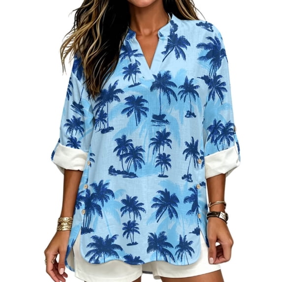FKELYI Blue Tropical Palm Tree Print Faux Linen Blouse for Women Summer Shirts with Rolled Cuff Sleeve Design Ladies Vacation Outfits Relaxed Fit Top Shirts, 2XL