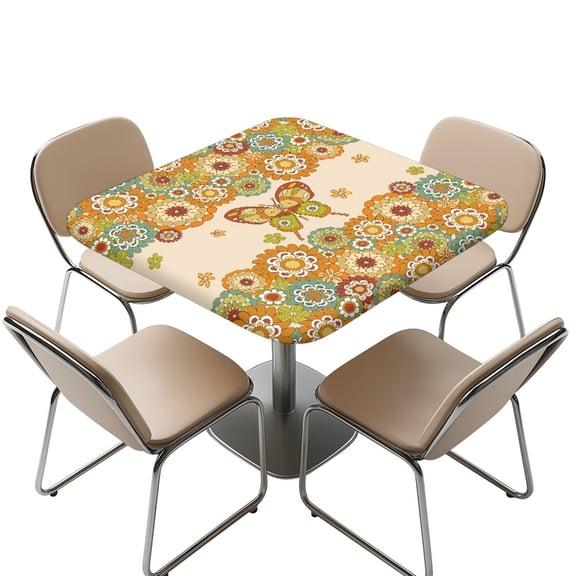 FKELYI Bohemian Floral Butterfly Print Tablecloth Square Fitted Table Cloths Anti-Dust Outdoor Folding Table Cover with Elastic Edge for Kitchen Decoration, 36x36 inch