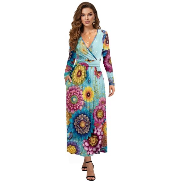 FKELYI Bohemian Floral Butterfly Print Women's Fall Long Sleeve Dress Casual Maxi Dress with Pocket Flowy Tiered Waist Long Dresses for Spring Winter, 2XL