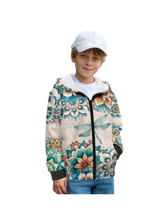Bohemian Floral Dragonfly Print Kids Hoodies Zip Up Front Sweatshirt Boys Girls Jacket with Pockets Fleece Hooded Top Streetwear for School Home, XL