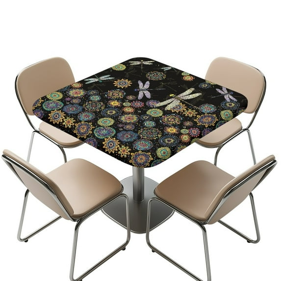 FKELYI Bohemian Floral Dragonfly Print Tablecloth Outdoor Table Cover with Elastic Edge Waterproof Square Fitted Table Cloths for Kitchen Dining Room Decoration, 36x36 inch