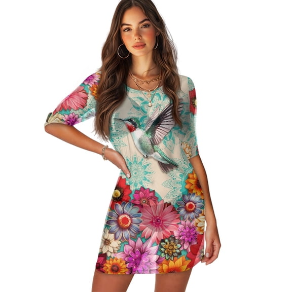 FKELYI Bohemian Floral Hummingbird Print Women's Swimsuit Coverup Round Neck Bathing Suit Cover Ups Casual Half-Sleeve Bikini Beach Dress for Summer Vacation Party, M