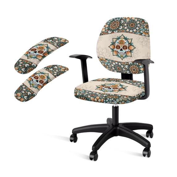 FKELYI Bohemian Floral Skull Print 4 Pcs Office Chair Covers Set Removable Computer Chair Slipcovers with Arm Rest Covers for Swivel Chair Armchair Washable Home Decoration