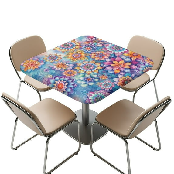 FKELYI Bohemian Flower Print Anti-Dust Tablecloth Square Fitted Table Cloths Washable Outdoor Folding Table Cover with Elastic Edge for Kitchen Decoration, 36x36 inch