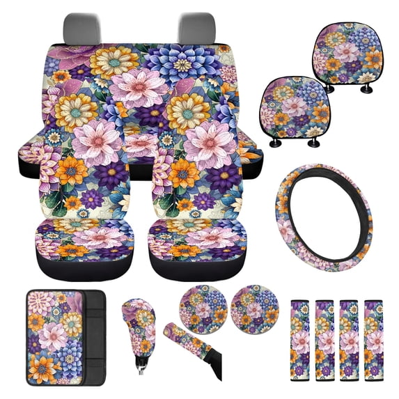 FKELYI Bohemian Flower Print Auto Seat Covers Full Set with Steering Wheel Cover Shoulder Seatbelt Pad Armrest Pad Cup Coasters Head Rest Protector Gear Shift Knob Sleeve for Most Sedan