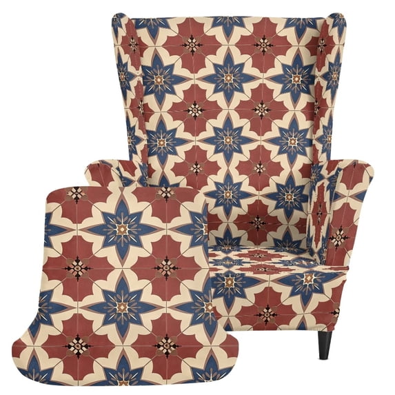 FKELYI Bohemian Flower Print Wingback Chair Slipcover 2 Piece Wing Back Armchair Protector Cover Non-Slip Home Decor for Furniture Washable Cover with Elastic Bottom
