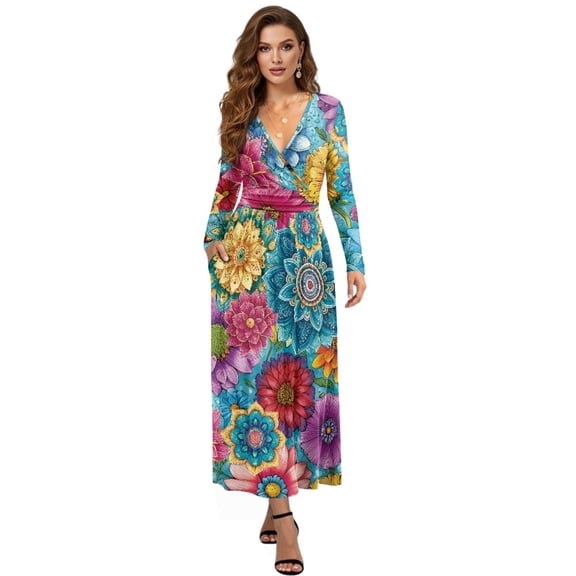 FKELYI Bohemian Lotus Flower Print Long Sleeve Maxi Dress for Women V-Neck Soft Casual Dress Flowy A-Line Dresses with Side Pockets for Party Wedding, M