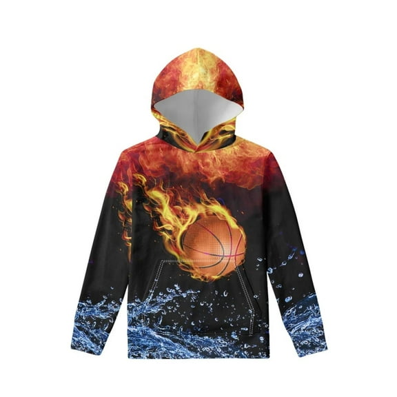 FKELYI Boys Hoodies with Water and Flame Basketball Size 11-13 Years Lightweight Novelty Sports Hooded Pullover Soft Running Crewneck Sweater for Kids