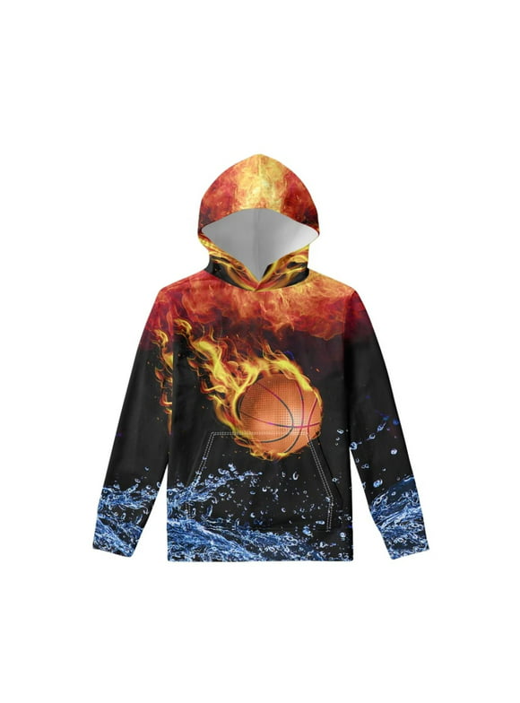 FKELYI Boys Hoodies with Water and Flame Basketball Size 14-16 Years Lightweight Novelty Sports Hooded Pullover Soft Running Crewneck Sweater for Kids