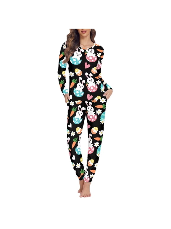 Breathable Long Sleeve Pjs for Women 2pcs Durable Easter Rabbit Eggs Pajamas for Ladies Night Size 3XL Round Neck Leisure Nightwear Festival Gift