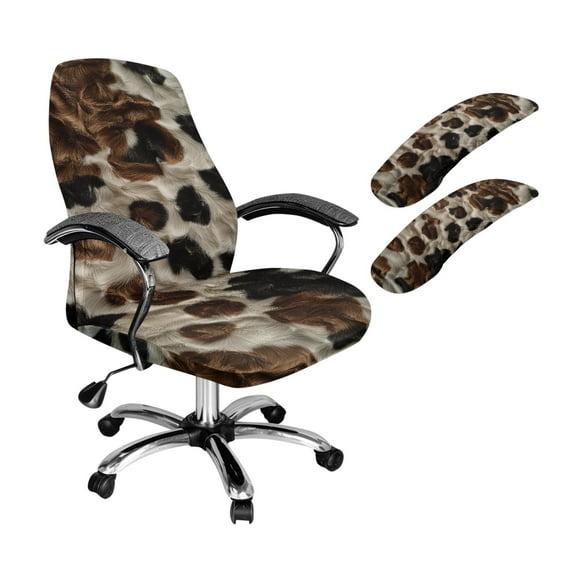 FKELYI Brown Cow Print Office Chair Slipcover with 2 Pcs Stretchable Armrest Covers High Back Swivel Boss Chair Protector Cover Anti-Dust Armchair Decor, Small