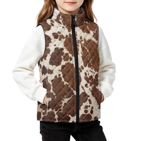 FKELYI Brown Cow Print Sleeveless Jacket Quilted Vest, 9-10Y, Sleeveless Jacket with Pockets, Full Zip, Warm Quilted Outwear, Fall Winter Cloth, Lightweight Coat