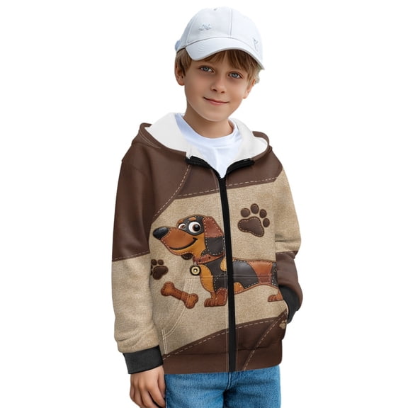 FKELYI Brown Dachshund Dog Paw Print Kids Fleece Hoodies Zip Up Front Hooded Sweatshirt with Side Pockets Boys Girls Fall Top Winter Clouthes, XL