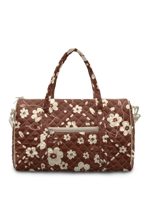 Brown Flower Print Travel Duffels for Women Men Quilted Duffel Bag Lightweight Weekender Oveinight Bags Zippered Luggage Bag Womens Hospital Bags