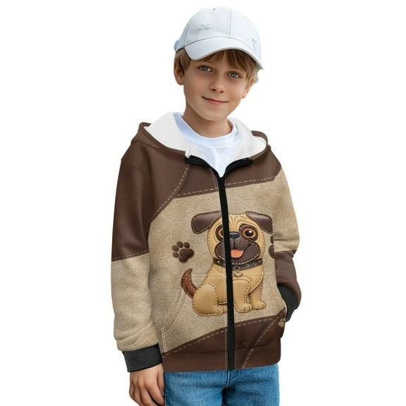 FKELYI Brown Pug Dog Paw Print Kids Zip-Up Hoodies with Pockets Fleece Sweatshirt Jacket Breathable Fall Winter Clothes for Travel Sport, L