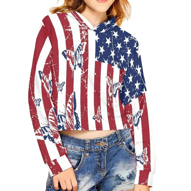 FKELYI Butterfly Girls Crop Tops Hoodies Size 9 10 Years Elastic School American Flag Sweater with Hoodie Lightweight Home Pullover Tops 4 of July