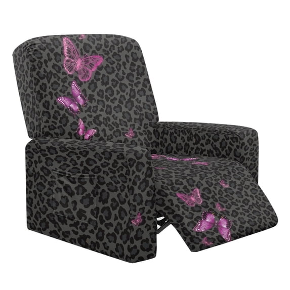 FKELYI Butterfly Leopard Print Reclining Chair Slipcover 4 Pcs Stretch Recliner Cover Fitted Sofa Couch Cover with Pocket Anti-Dust Furniture Protector for Armchair