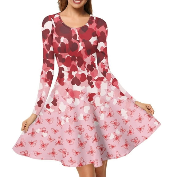 FKELYI Butterfly Women Dress Size 3XL Casual Red Heart Long Sleeve Dress for Women Soft Valentine's Day Twirl Swing Dresses Knee Length