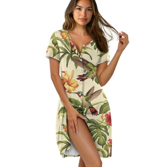 FKELYI Button Down Nightgowns Women Soft Sleepwear Dress Breathable Nightshirt Dress Hibiscus Flower Hummingbird Palm Leaf Print Pajama Dress Nightwear Short Sleeve Dress for Summer, 3XL