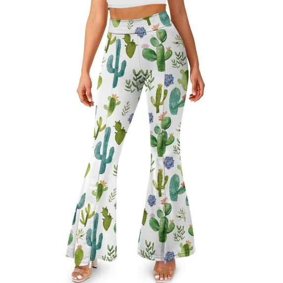FKELYI Cactus Plants Print Bell Bottom Yoga Pants Leggings Pants for Women Girls Wide Leg Flare Leggings Tummy Control Sweatpants Athletic Leggings for Running Hiking, L