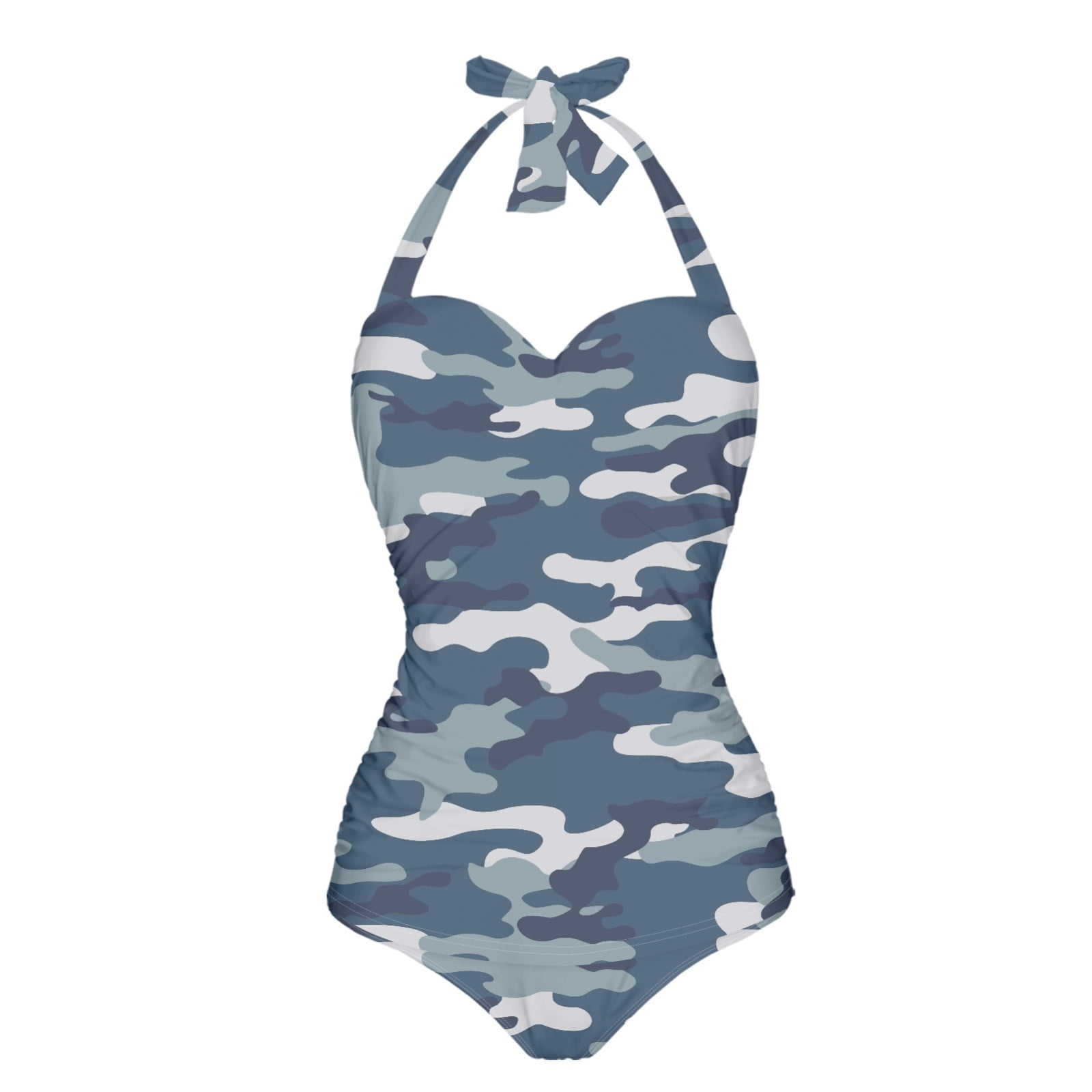FKELYI Camo Blue Grey Print Bikini Swimsuits for Women Polyester Swimwear One Piece Bikini Suits Breathable Bathing Suits Tummy Control Beachwear Monokini for Ladies Swimming, M