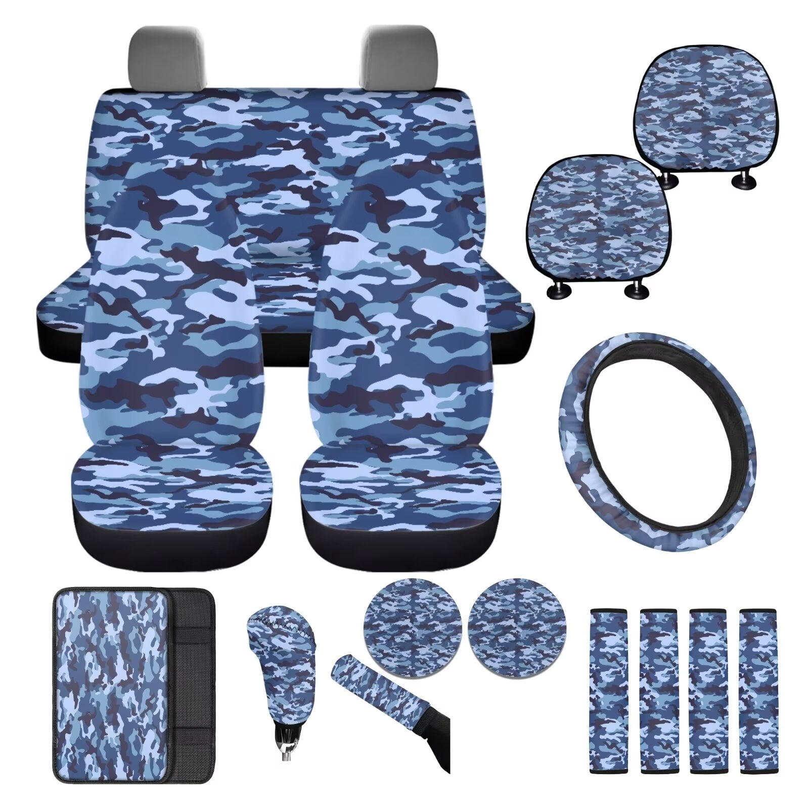 FKELYI Camo Blue Print Car Seat Covers with Steering Wheel Cover Seatbelt Pads Cover Cup Coaster Armrest Pads Hearest Cover Anti-Slip Gear Shift Knob Sleeve, 16 Pcs Car Interior Set