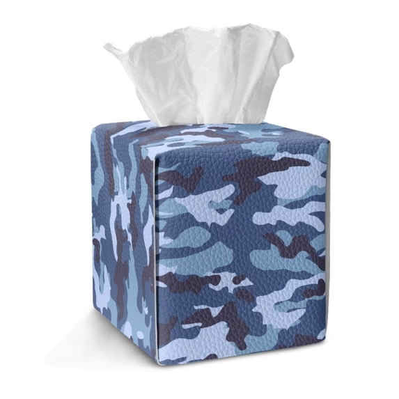 FKELYI Camo Blue Print Squared Tissue Box Cover Tissue Holder Organizer Snap Button Design Facial Paper Holder Cover Faux Leather Home Office Decor