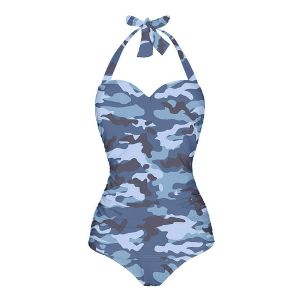FKELYI Camo Blue Print Women's Swimwear One Piece Swimsuit with Soft Pad Beachwear Tummy Control Bathing Suits Halter Monokini for Ladies Summer Swimming, M