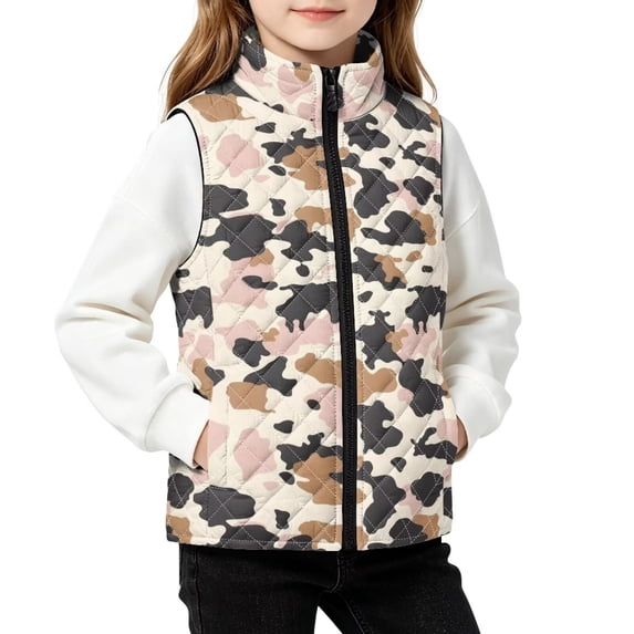 FKELYI Camo Cow Print Quilted Vest Kids Sleeveless Jacket, 5-6Y, Quilted Warm Vest Kids Sleeveless Jacket with Pockets, Water Resistant, Zip Up Front, Stand Collar Outwear Coat