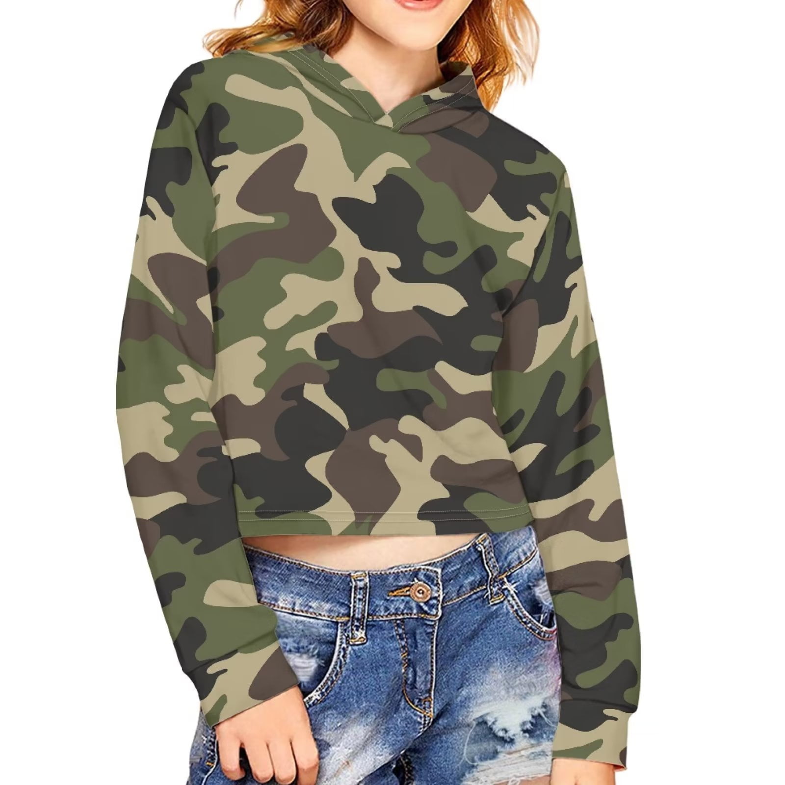 H&M Divided Girls Camo Camouflage Cropped Hoodie Top Sweatshirt Sz XS 12 13  14