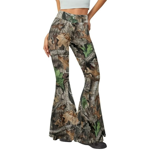 FKELYI Camo Hunting Yoga Flared Pants Polyester Maple Wood Flared Leggings for Women Comfy Yoga Pants Flare Size 2XL