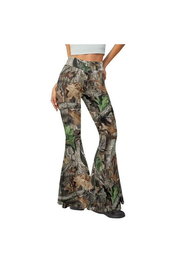 Camo Hunting Yoga Flared Pants Polyester Maple Wood Flared Leggings for Women Comfy Yoga Pants Flare Size 2XL