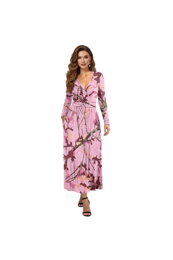 Camo Pink Forest Print Fall Maxi Dress for Women Long Sleeve V Neck Wedding Guest Dresses Flowy A-Line Elegant Dress with Pockets, 3XL