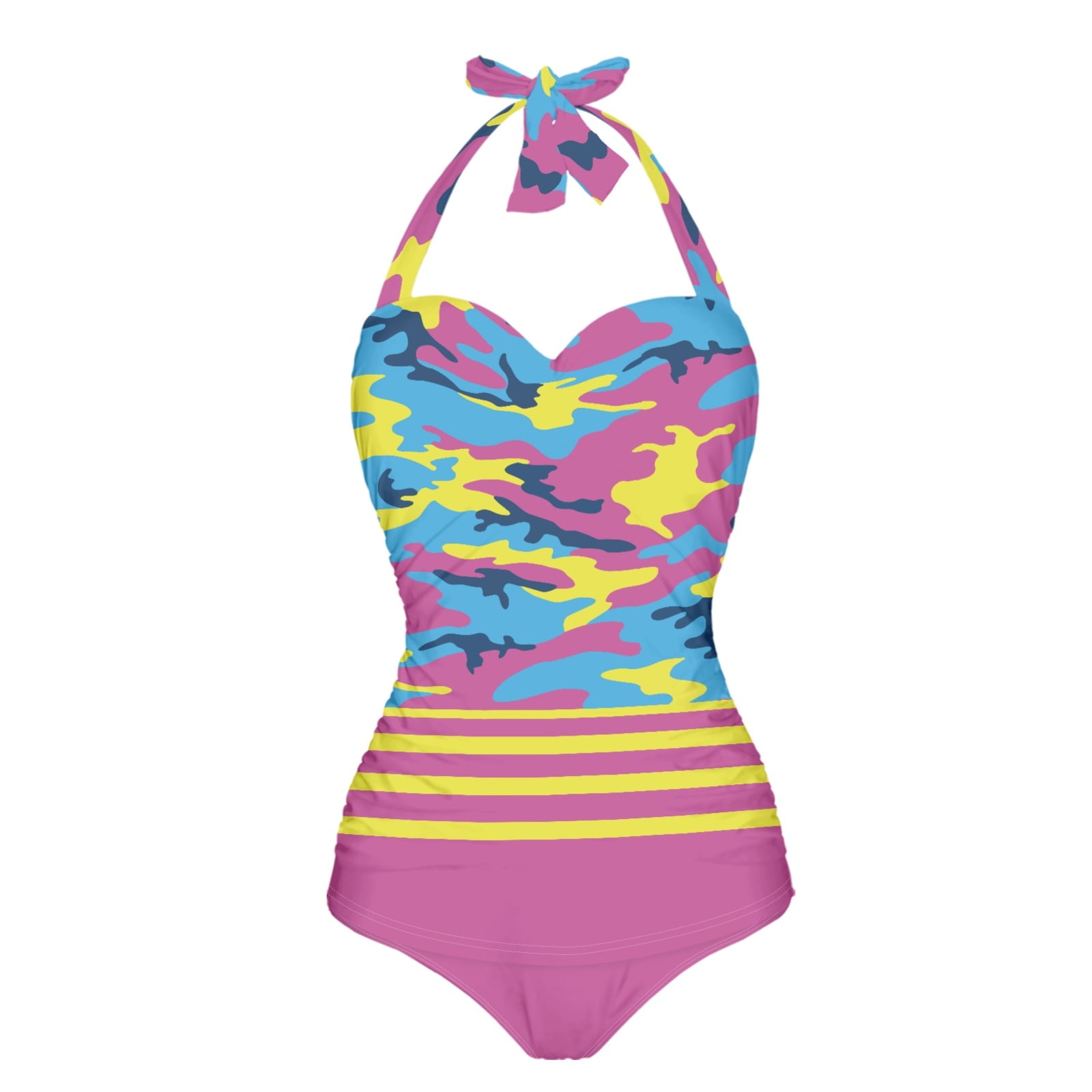 FKELYI Camo Pink Yellow Blue Print One Piece Bikini Swimwear for Women Polyester Swimsuits Breathable Monokini Cosy Bathing Suits Summer Beachwear for Ladies Water Sports, L
