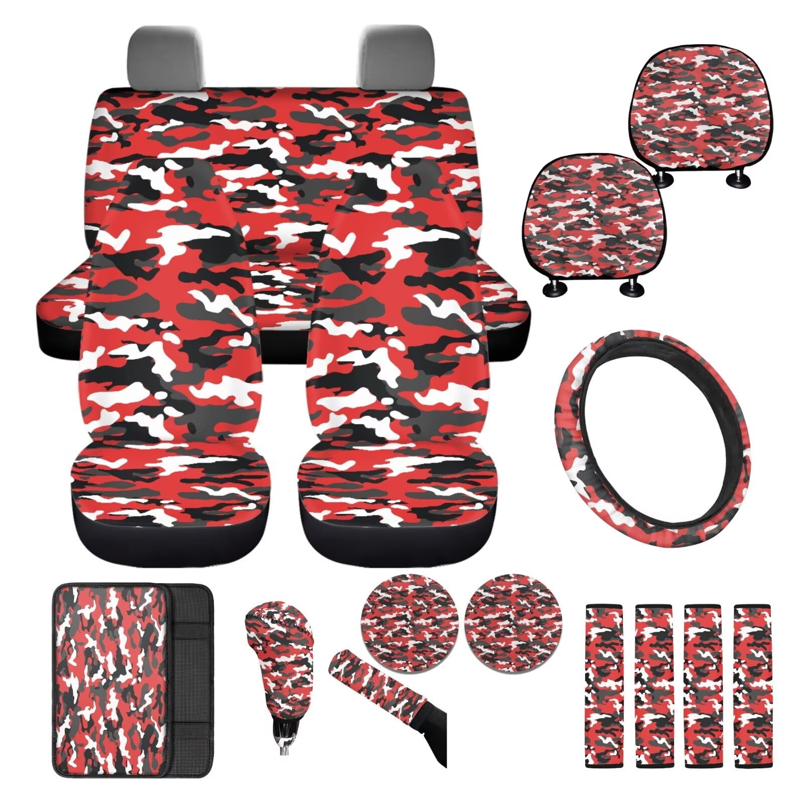 FKELYI Camo Red Print Car Seat Covers with Steering Wheel Cover Seatbelt Pads Cover Cup Coaster Armrest Pads Hearest Cover Anti-Slip Gear Shift Knob Sleeve, 16 Pcs Car Interior Set
