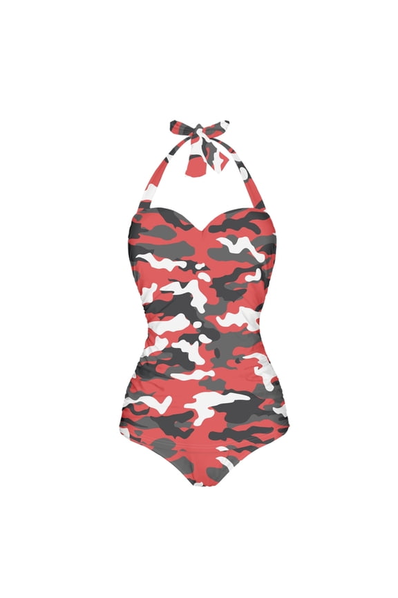 Camo Red Print Women's Swimwear One Piece Swimsuit with Soft Pad Tummy Control Bathing Suits Breathable Halter Monokini Beachwear for Ladies Summer Swimming, XL