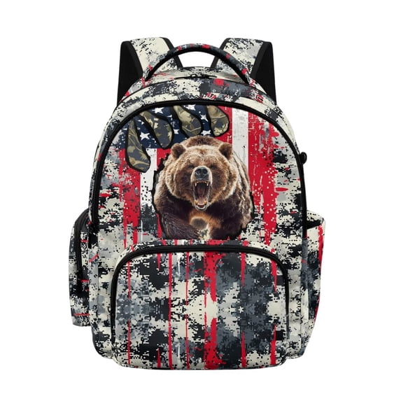 FKELYI Camo USA Flag Bear Print 17 Inch School Backpack for Boys Spacious Book Bag with Multi Pockets Girls Schoolbag Lightweight Travel Bags for Teen Children