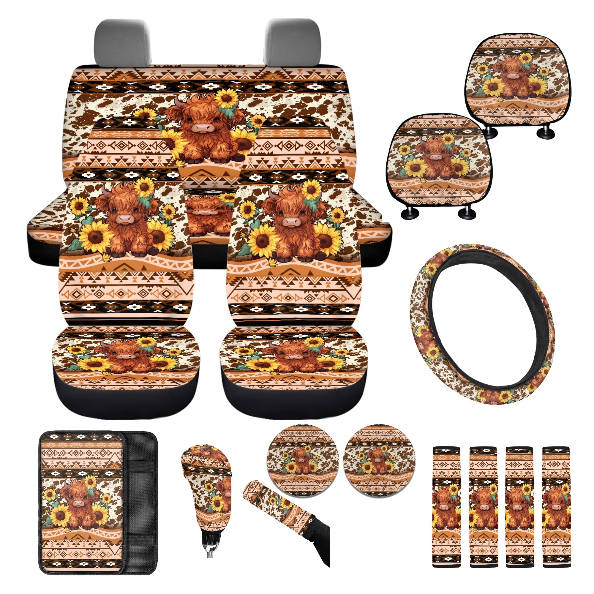 FKELYI Car Seat Covers with Steering Wheel Cover American Tribal Sunflower Highland Cow Print Auto Center Console Pad Seat Belt Pads Head Rest Covers Gear Shift Cover Hanbrake Cover, 16 Pcs