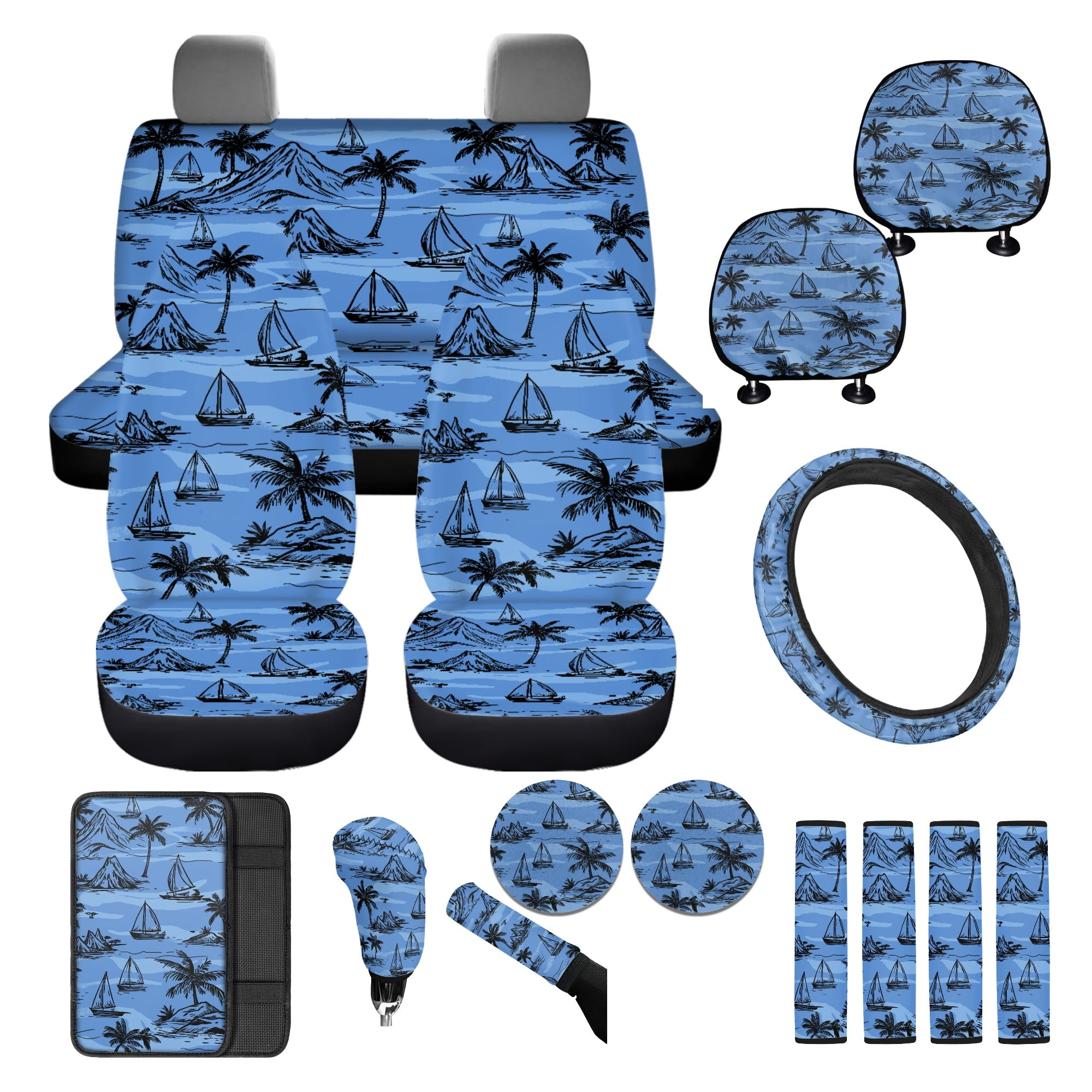 FKELYI Car Seat Covers with Steering Wheel Cover Auto Center Console Pad Seat Belt Pads Blue Palm Tree Sailboat Print Head Rest Covers Gear Shift Cover Hanbrake Cover for Most Vehicle, 16 Pcs